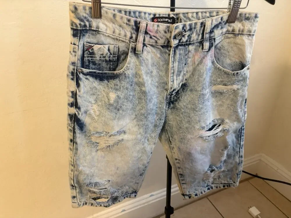 South pole Mens Acid Wash Moto Biker Denim Shorts Light Blue Distressed Size 29